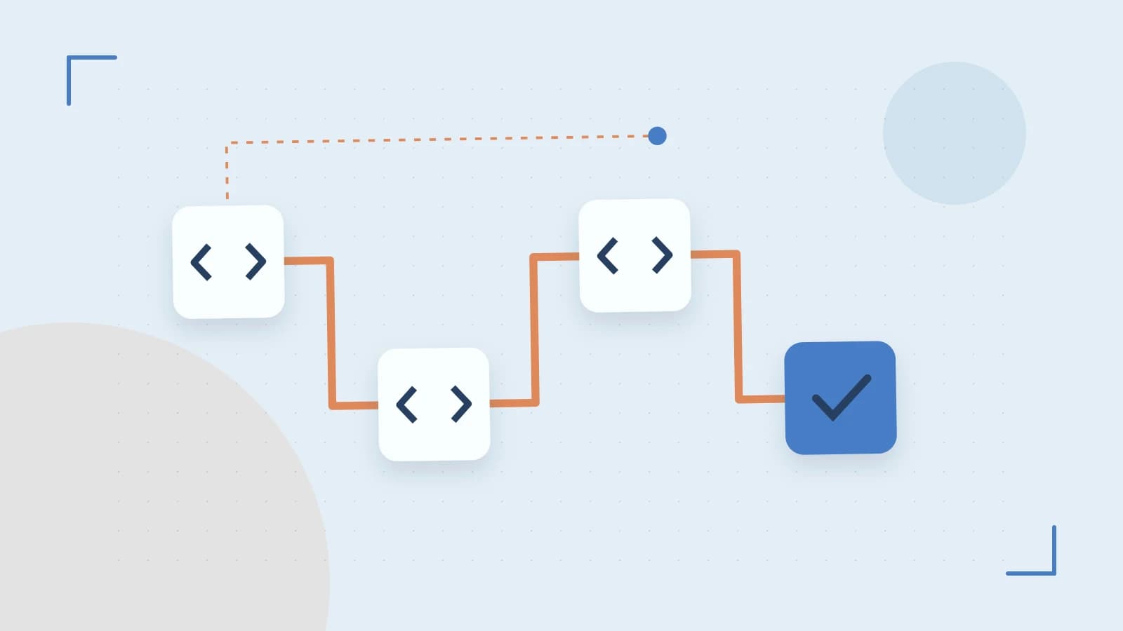 Editorial illustration of a branching build pipeline, staged transformations and a completed check