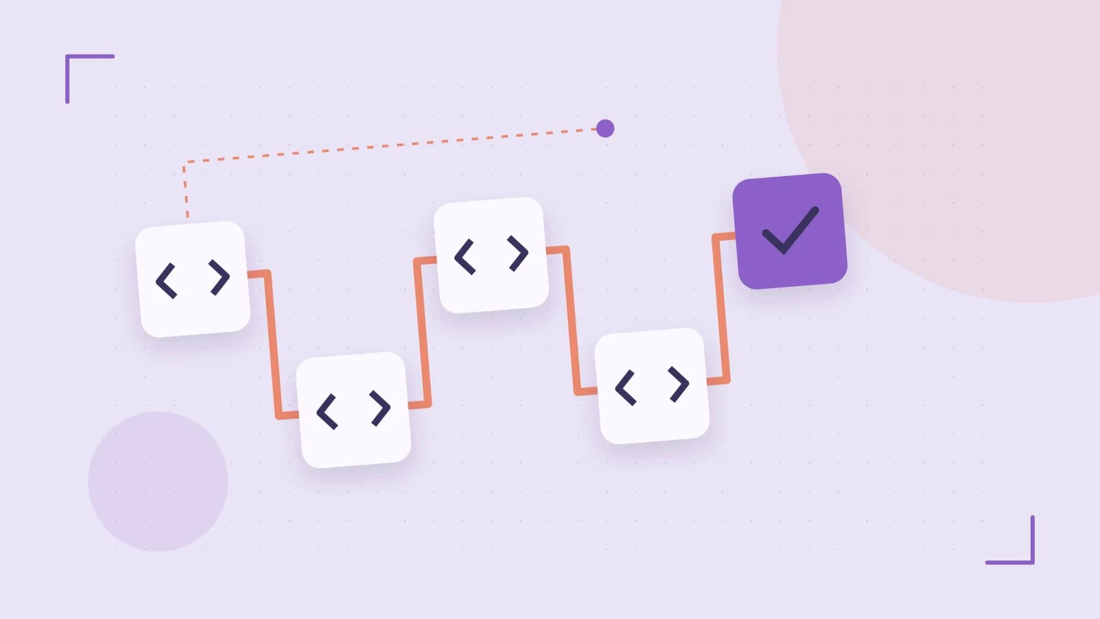 Editorial illustration of a branching build pipeline, staged transformations and a completed check