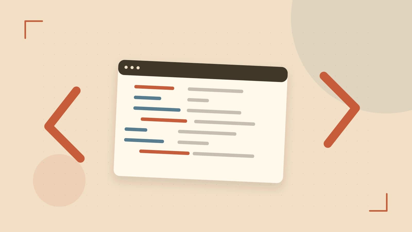 Editorial illustration of an abstract code editor, syntax blocks and oversized programming brackets