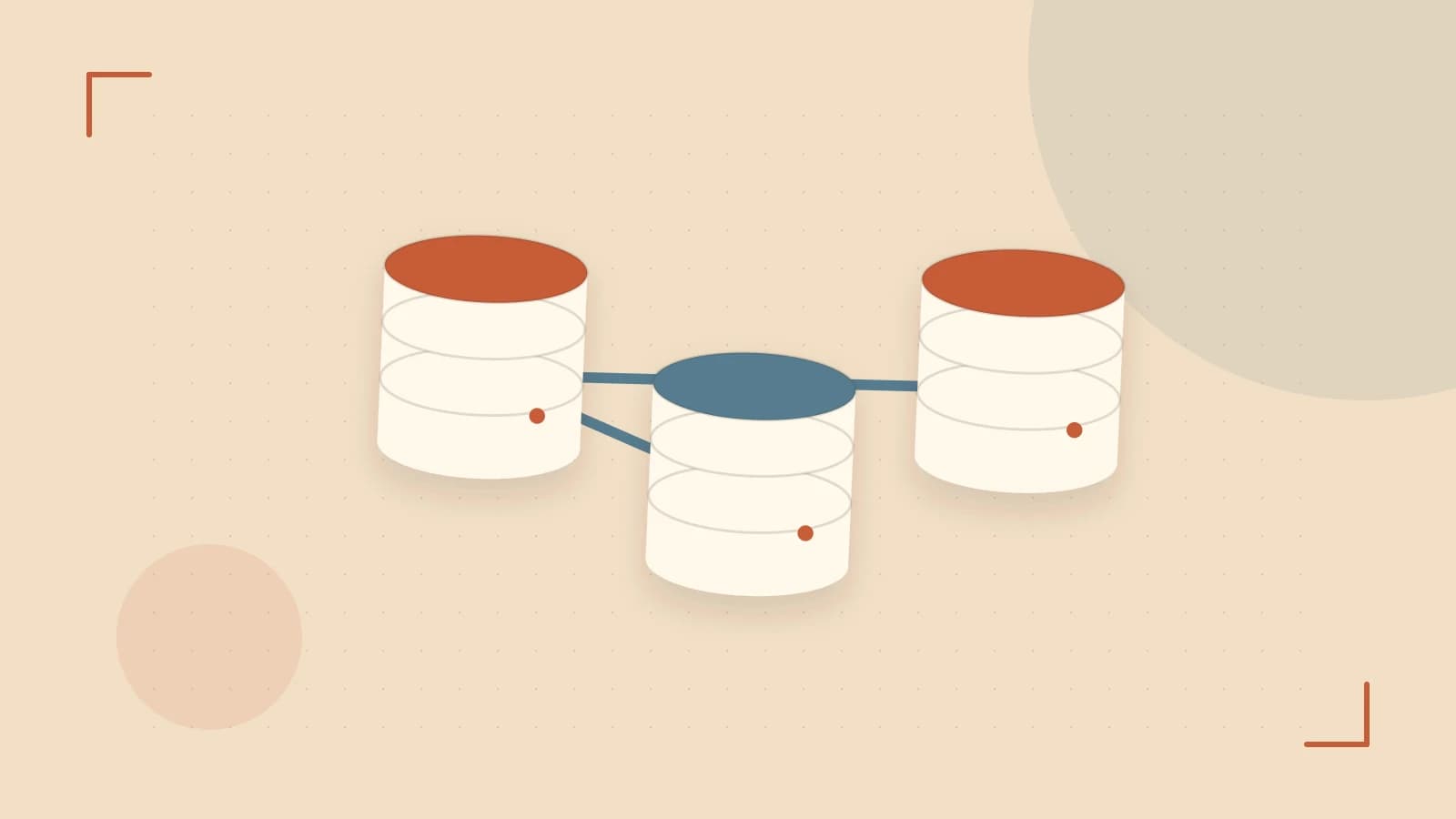 Editorial illustration of structured records, database cylinders and relationships between tables