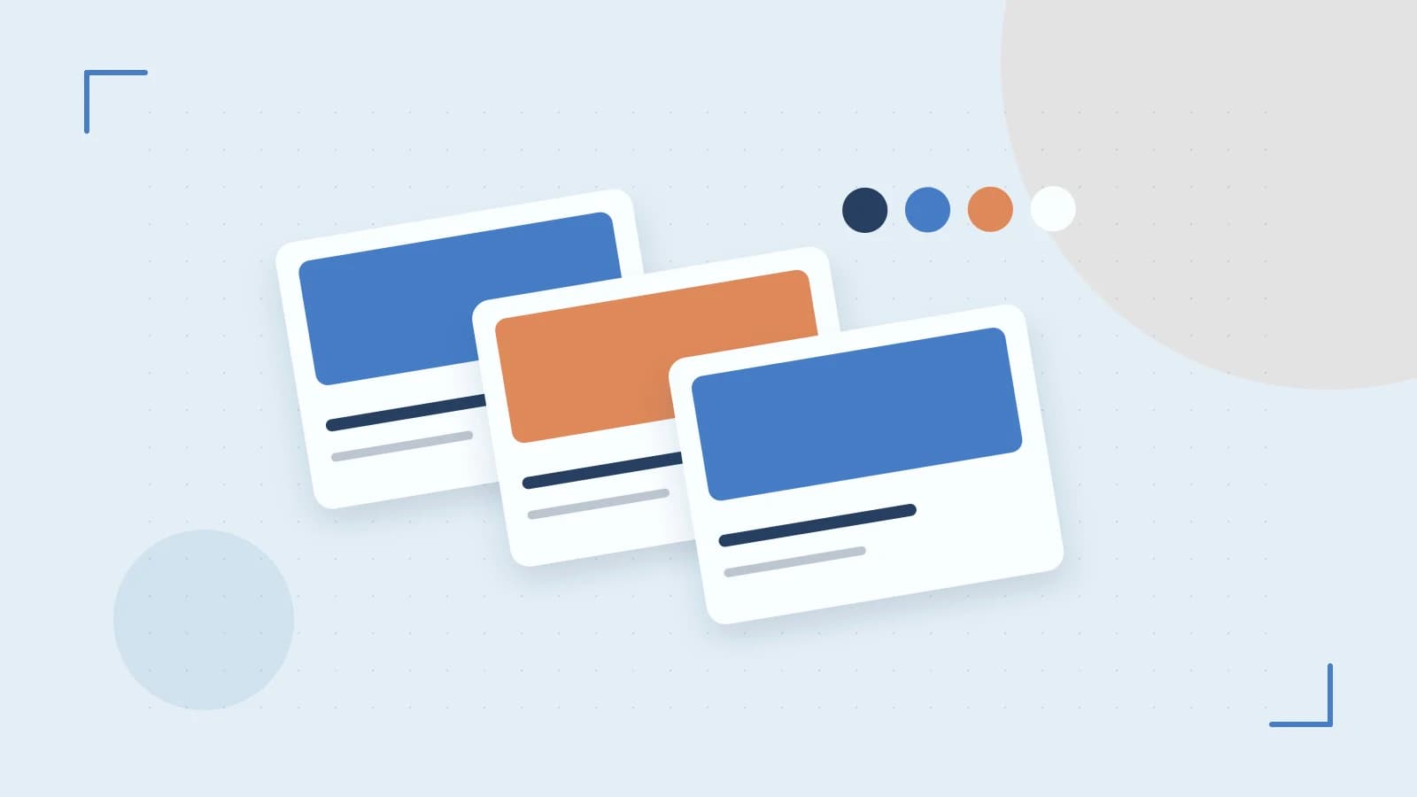 Editorial illustration of responsive browser layouts, overlapping design components and a color system