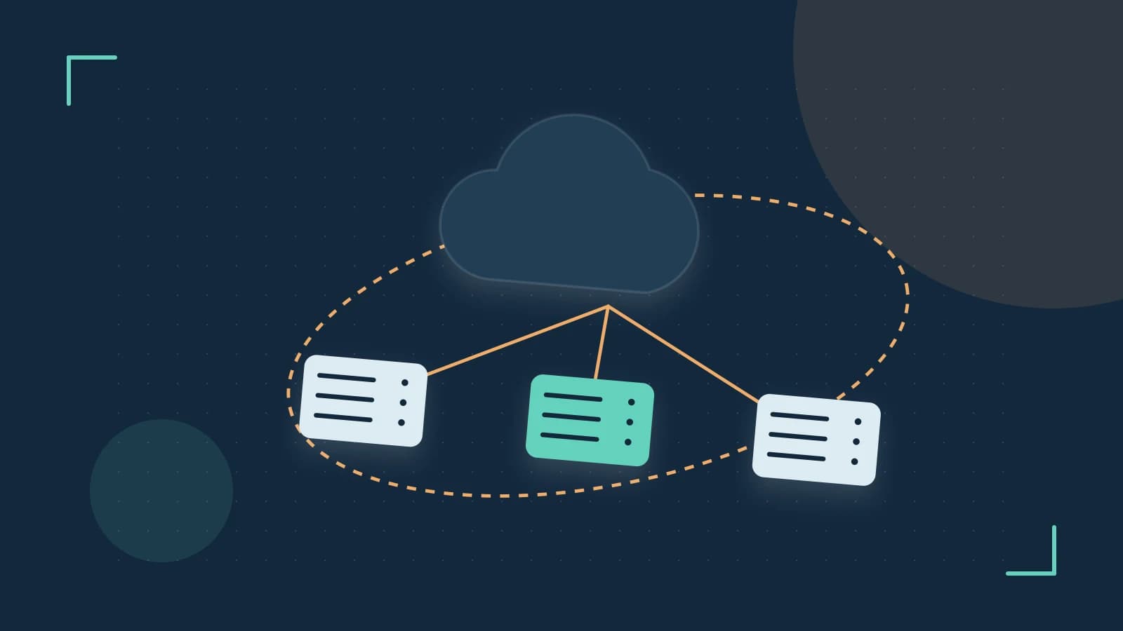 Editorial illustration of cloud infrastructure, connected server racks and an orbital service map