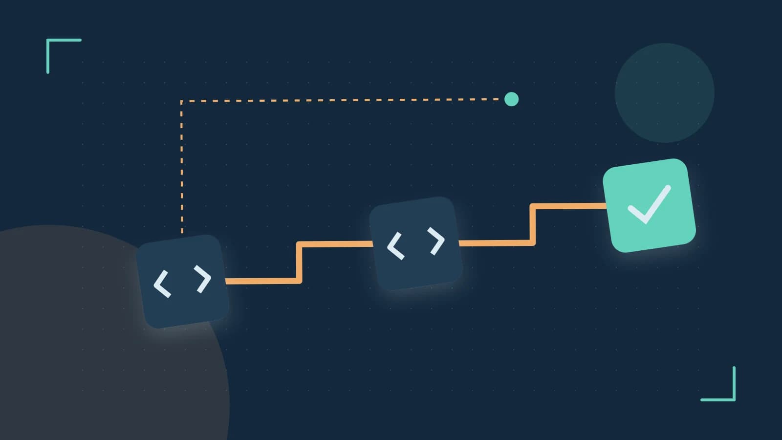 Editorial illustration of a branching build pipeline, staged transformations and a completed check