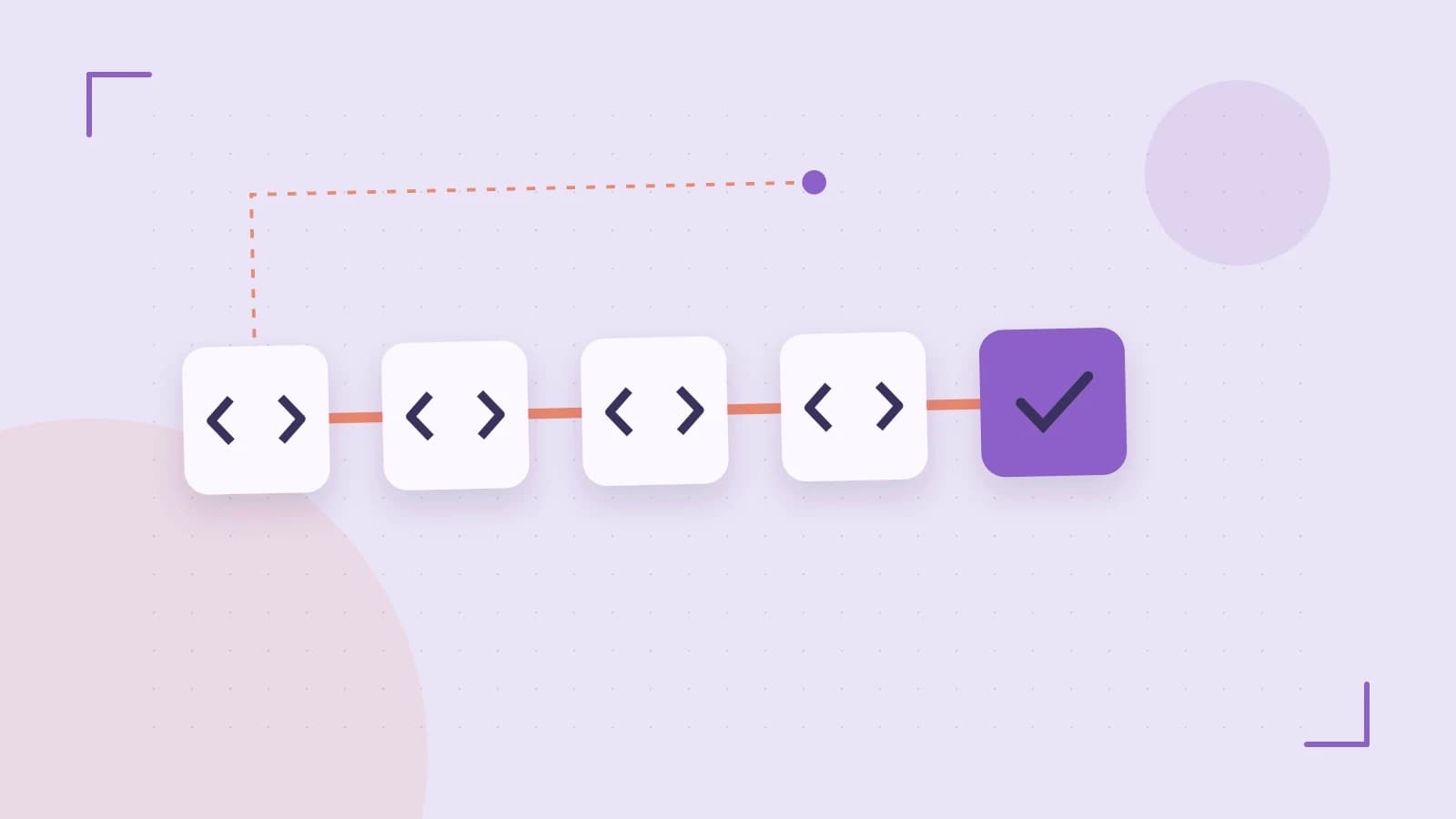 Editorial illustration of a branching build pipeline, staged transformations and a completed check