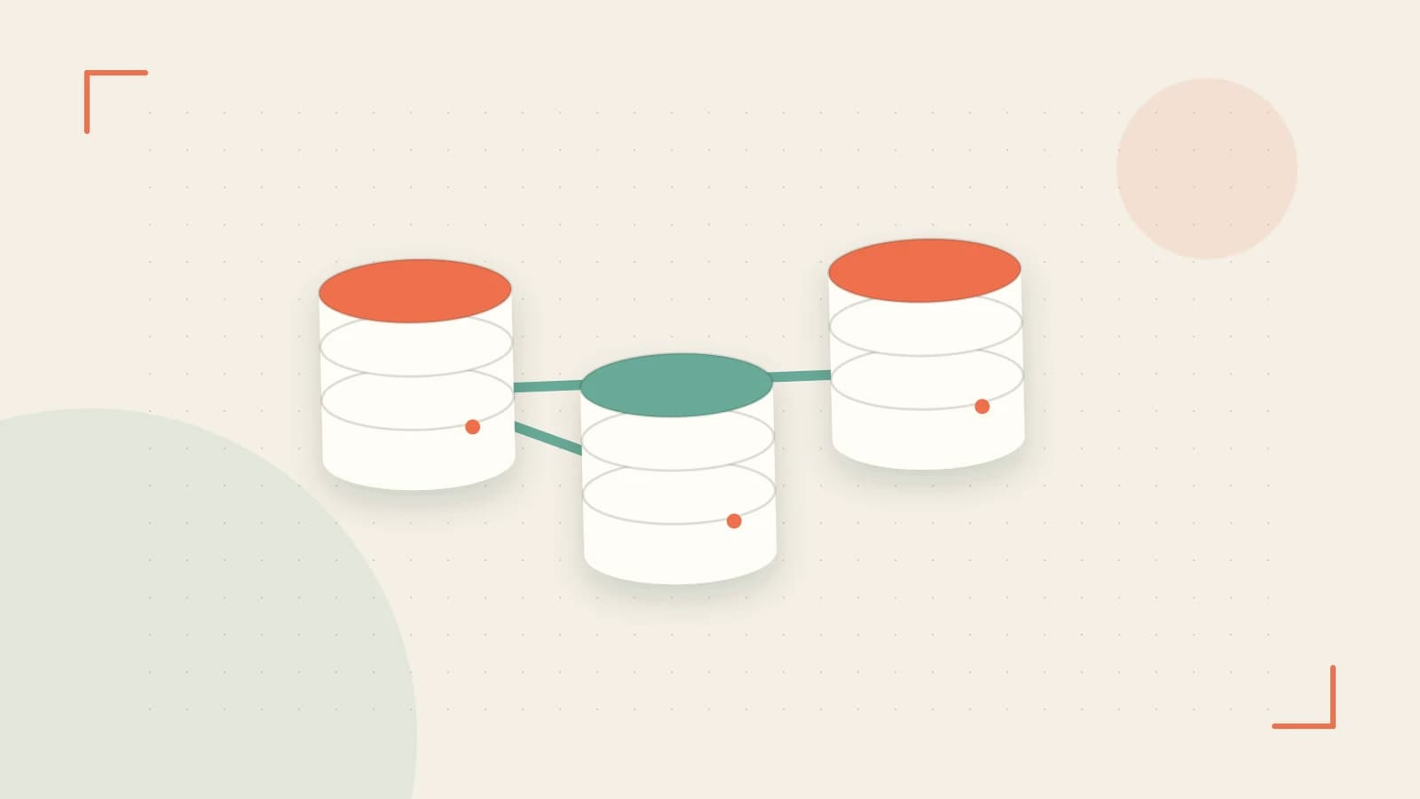 Editorial illustration of structured records, database cylinders and relationships between tables