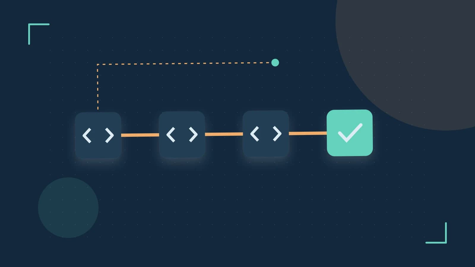 Editorial illustration of a branching build pipeline, staged transformations and a completed check