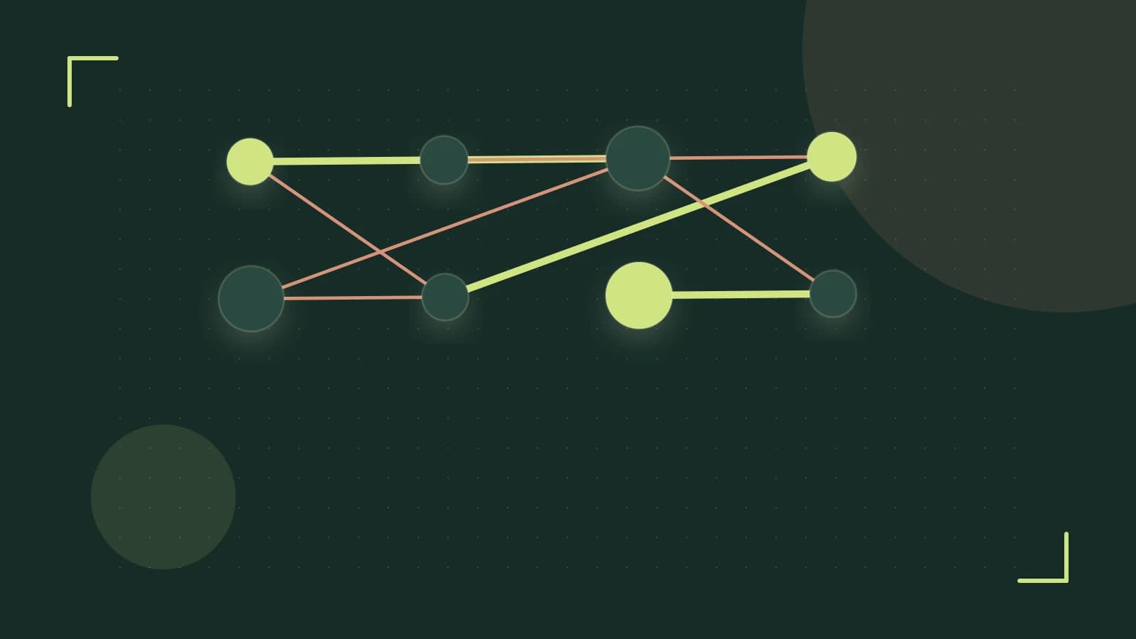 Editorial illustration of an algorithmic node graph with branching paths and a highlighted result