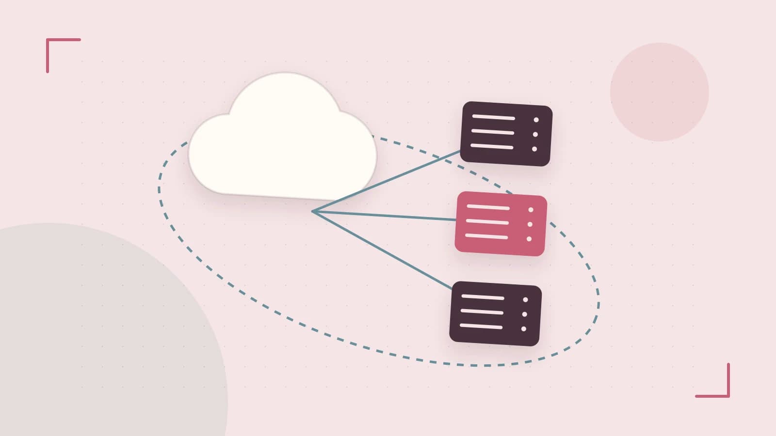 Editorial illustration of cloud infrastructure, connected server racks and an orbital service map