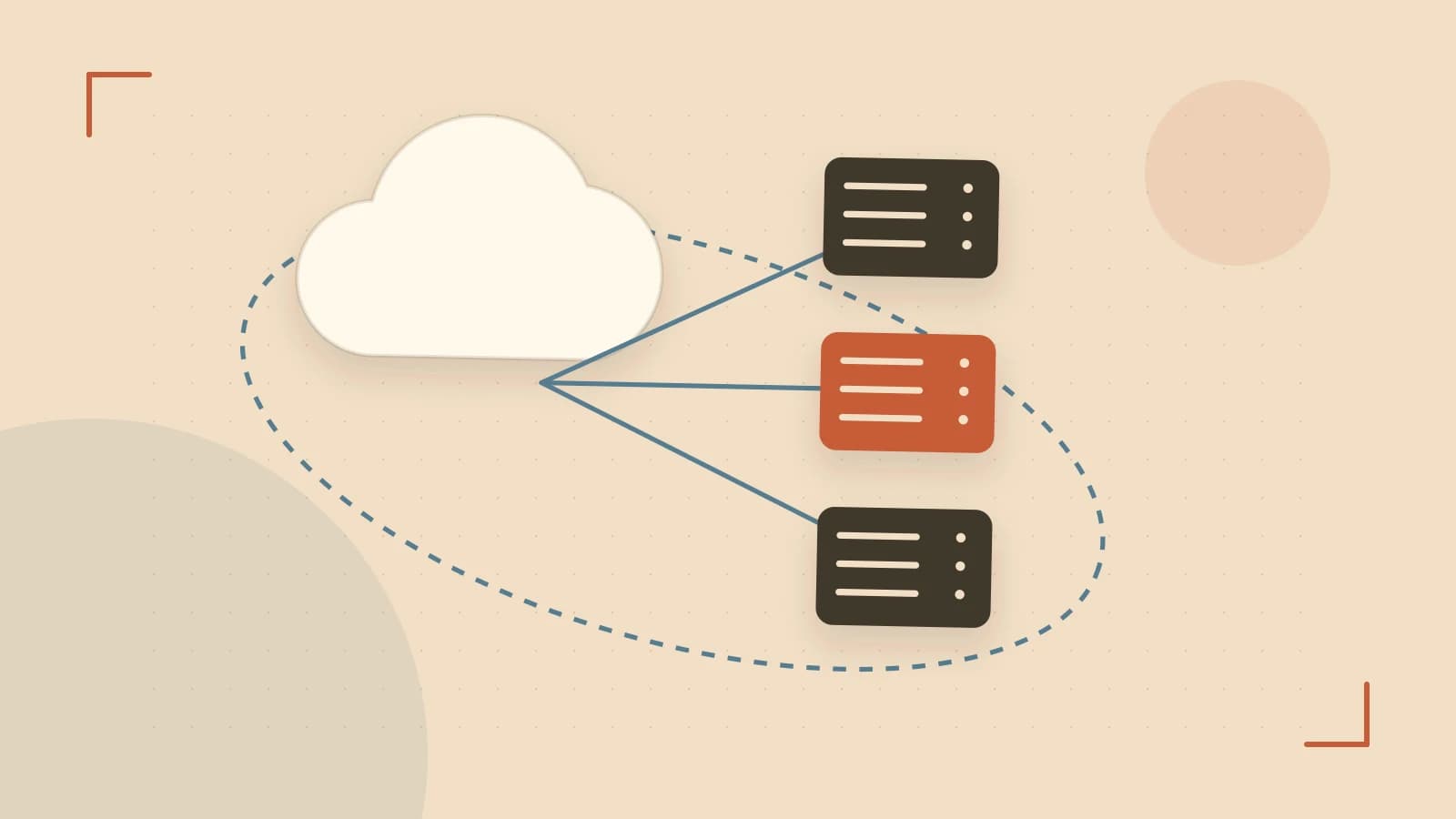 Editorial illustration of cloud infrastructure, connected server racks and an orbital service map