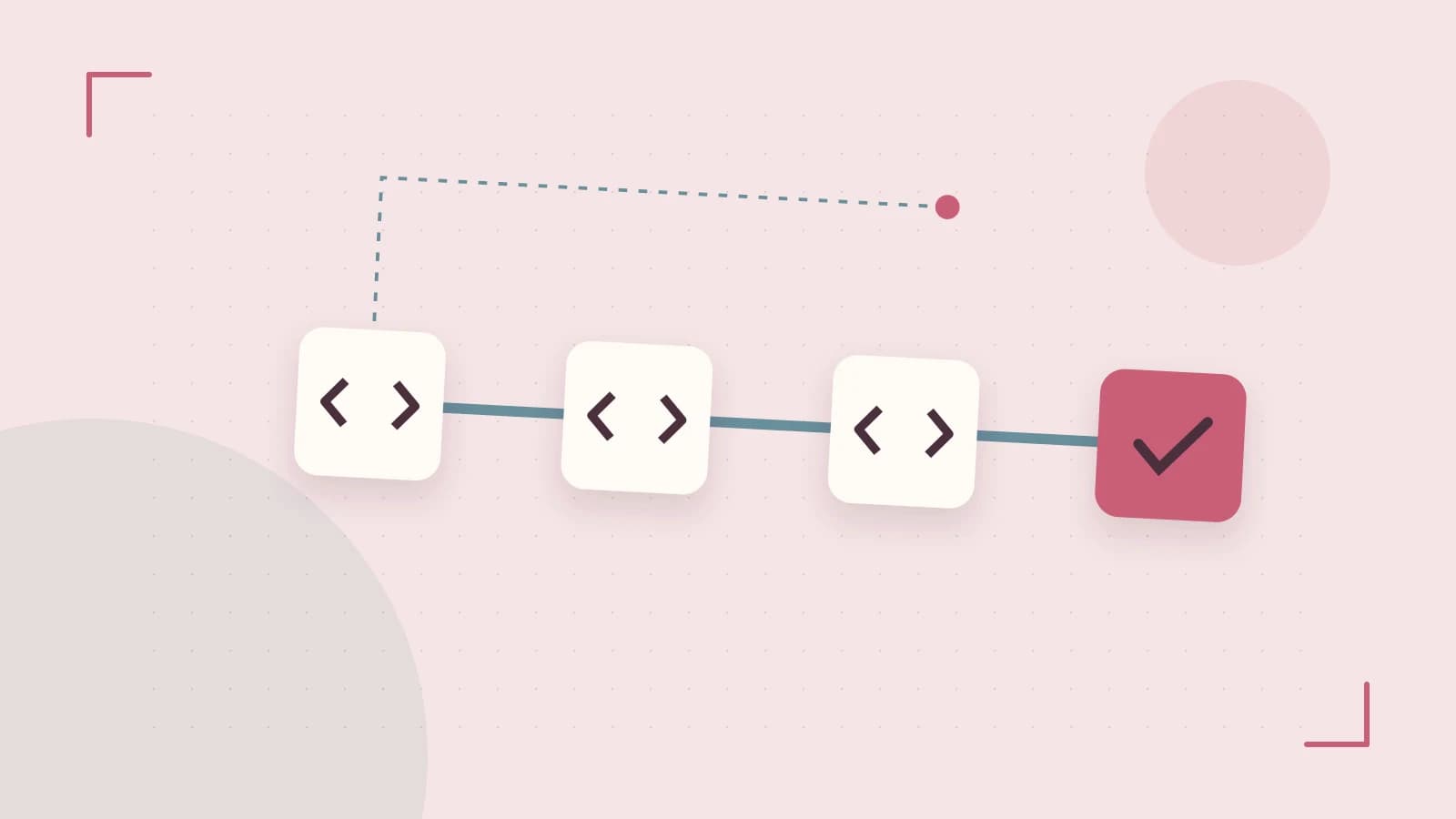 Editorial illustration of a branching build pipeline, staged transformations and a completed check