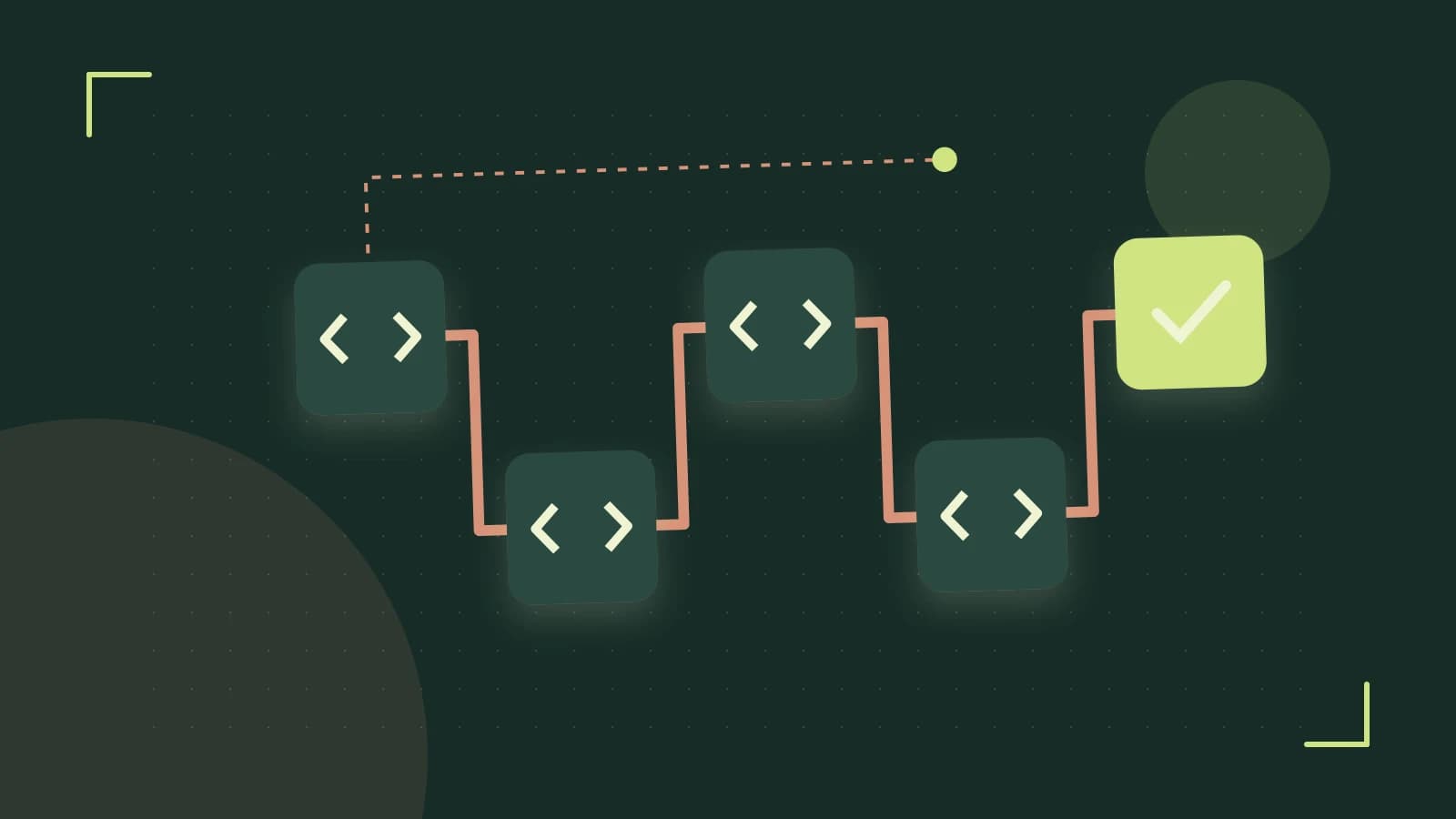 Editorial illustration of a branching build pipeline, staged transformations and a completed check