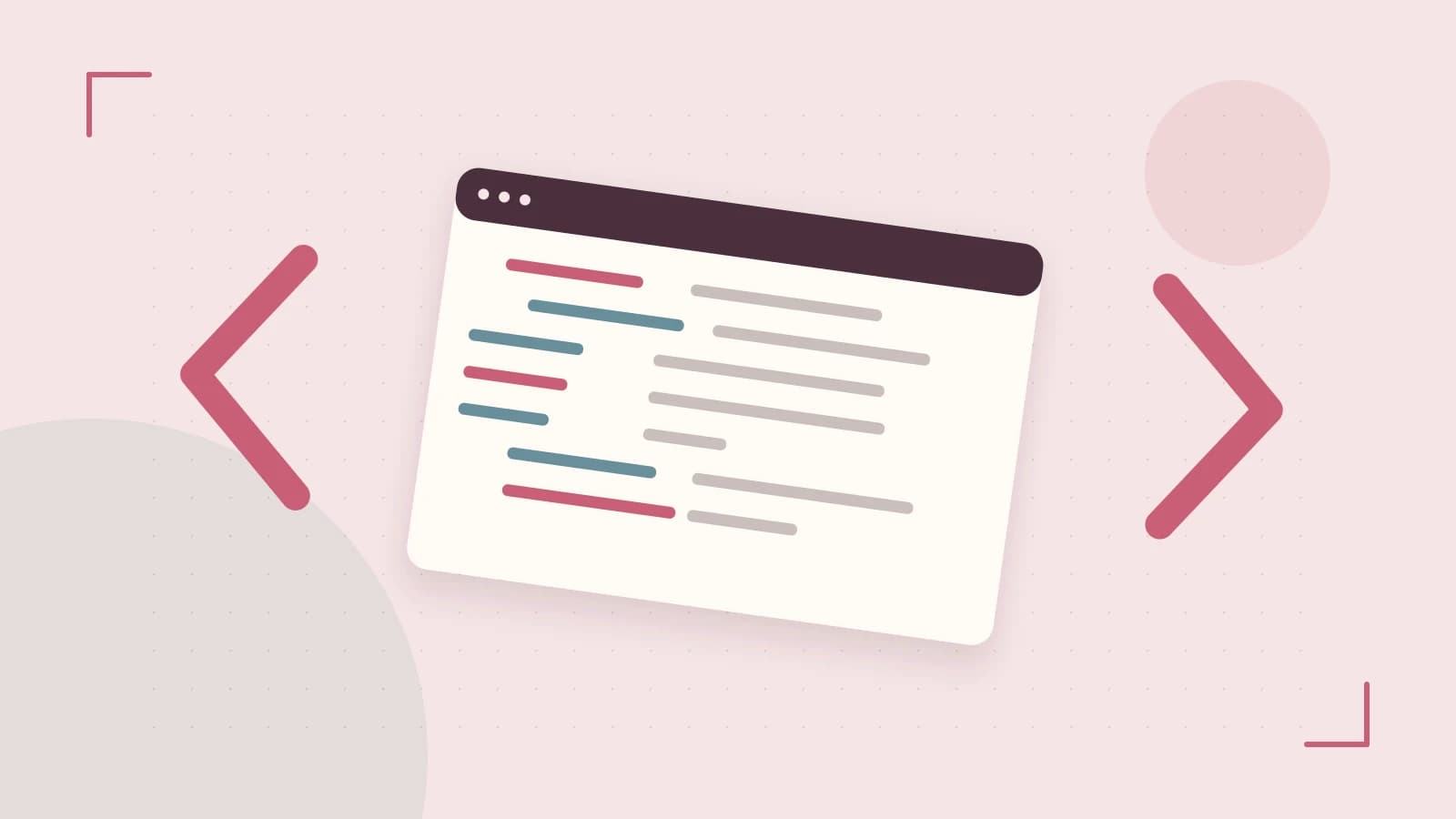 Editorial illustration of an abstract code editor, syntax blocks and oversized programming brackets