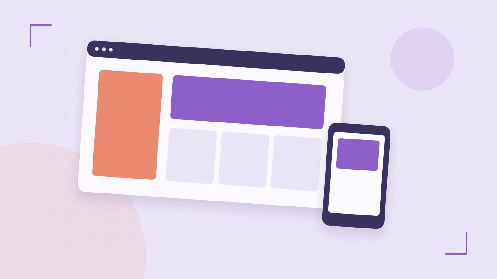 Editorial illustration of responsive browser layouts, overlapping design components and a color system