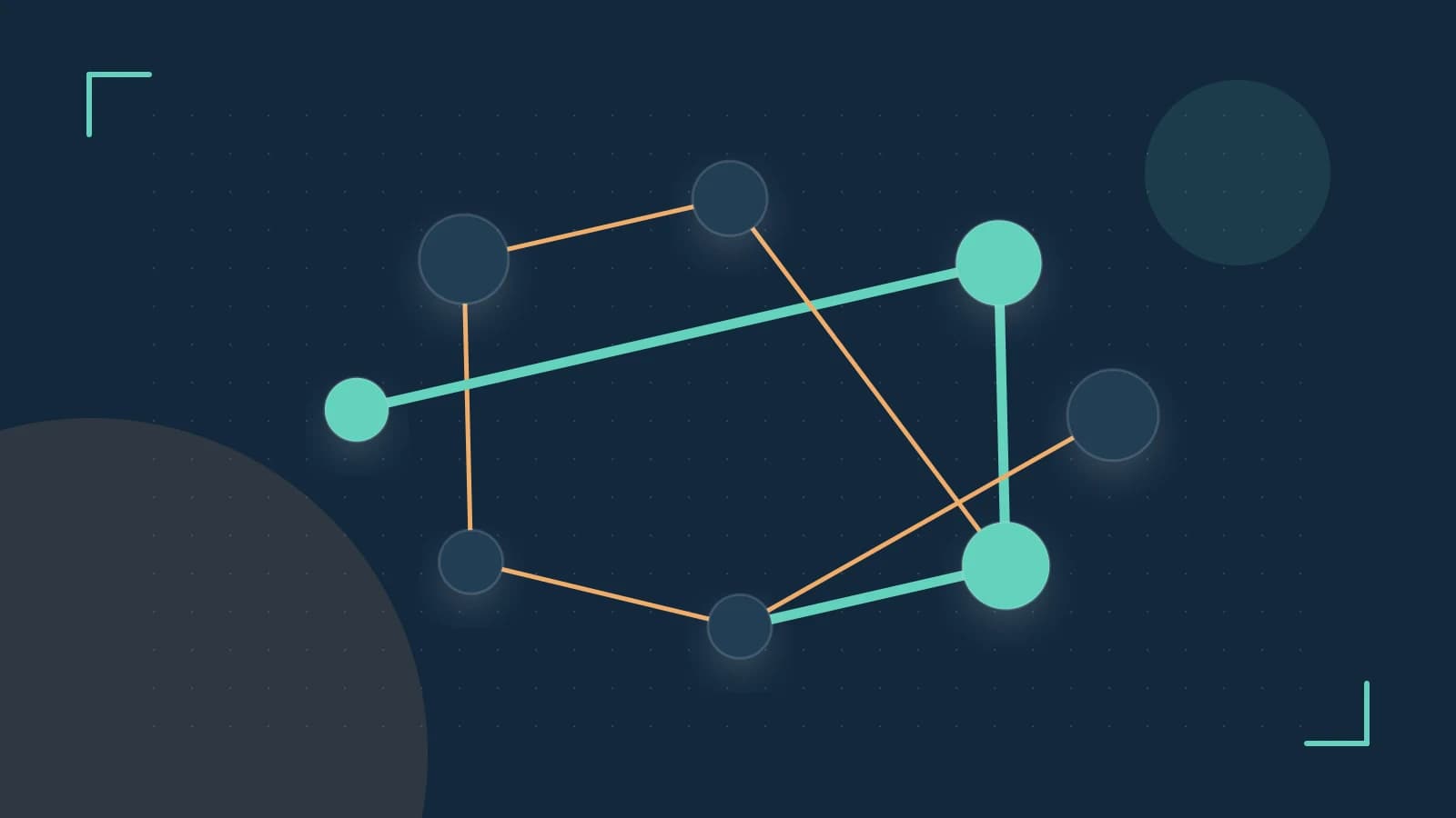 Editorial illustration of an algorithmic node graph with branching paths and a highlighted result