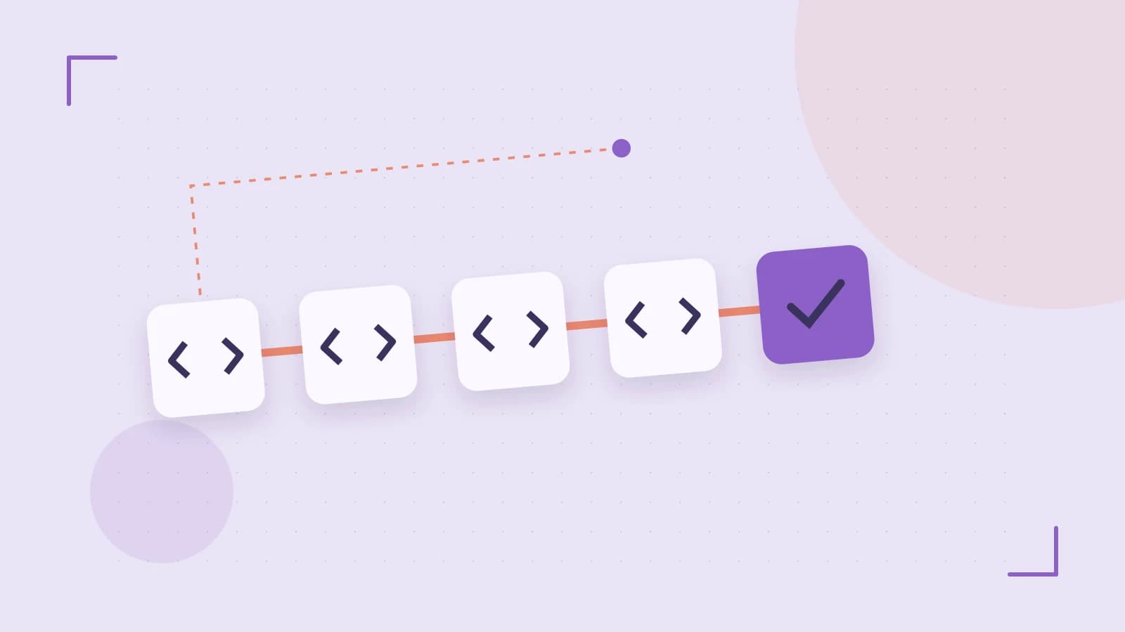 Editorial illustration of a branching build pipeline, staged transformations and a completed check