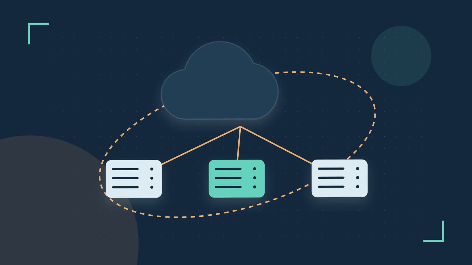 Editorial illustration of cloud infrastructure, connected server racks and an orbital service map