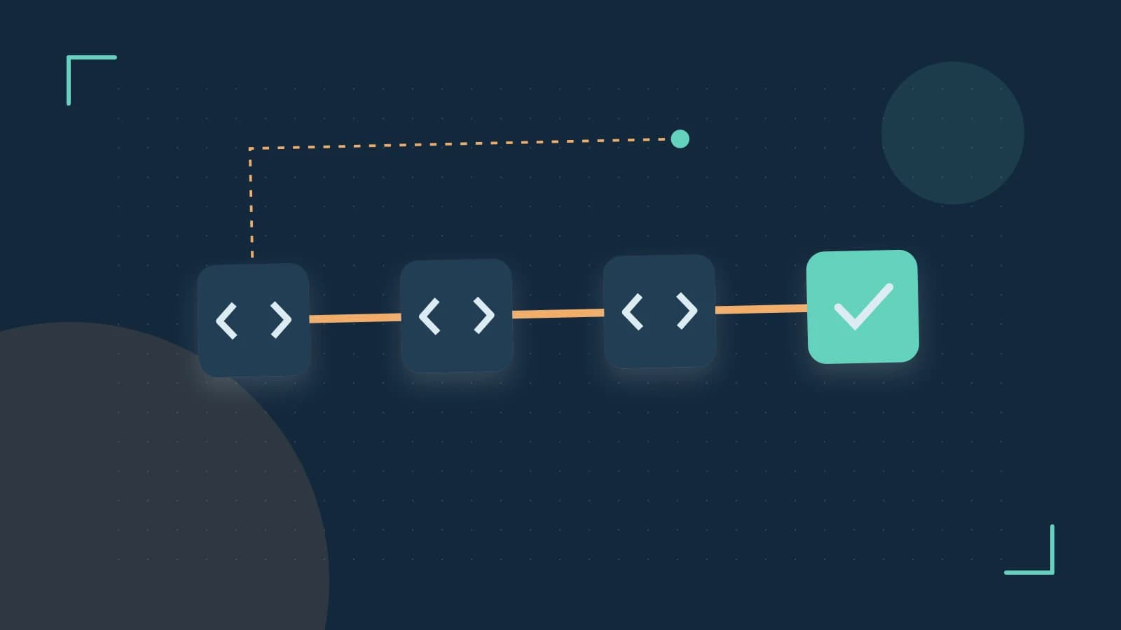 Editorial illustration of a branching build pipeline, staged transformations and a completed check