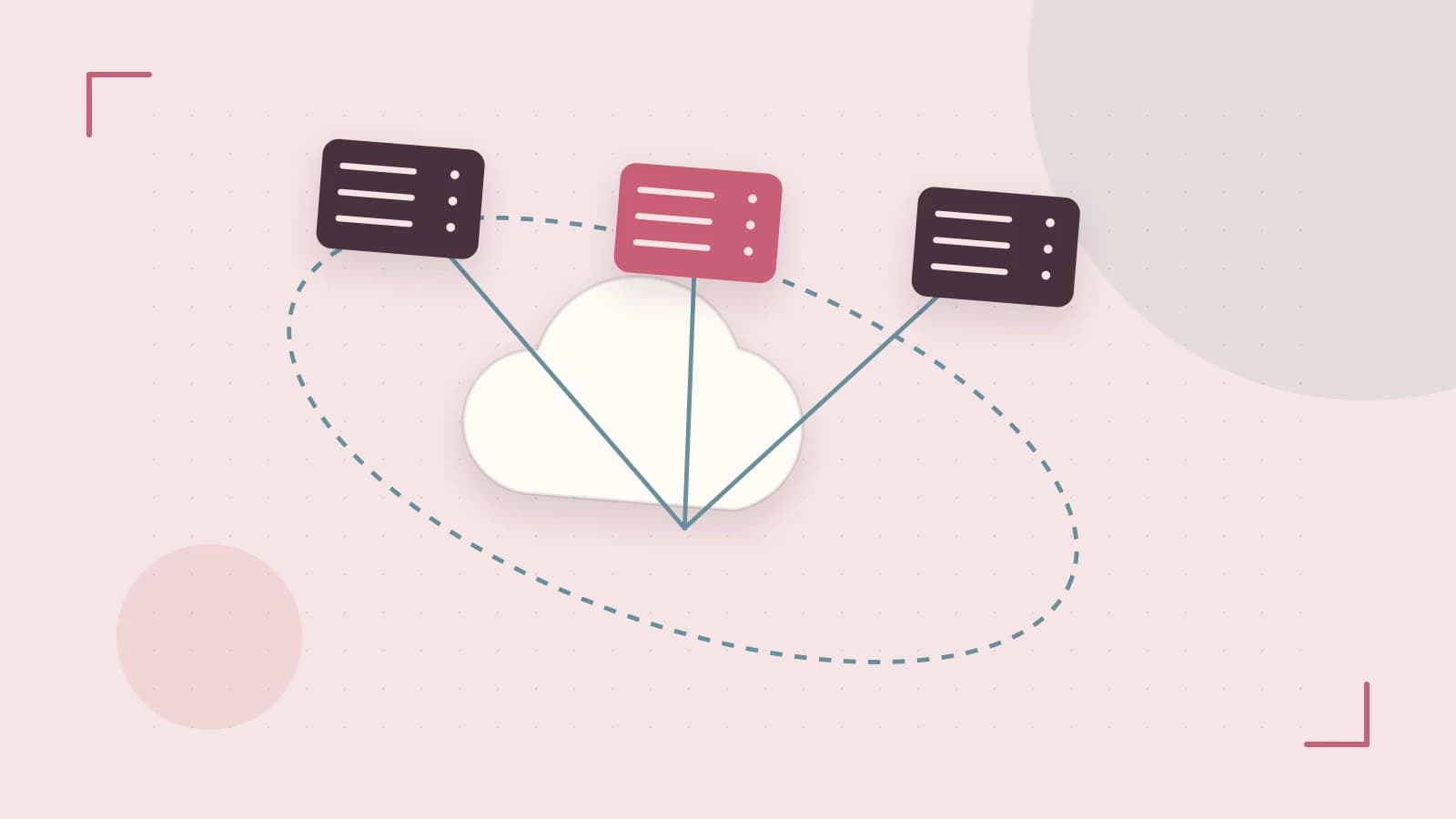 Editorial illustration of cloud infrastructure, connected server racks and an orbital service map