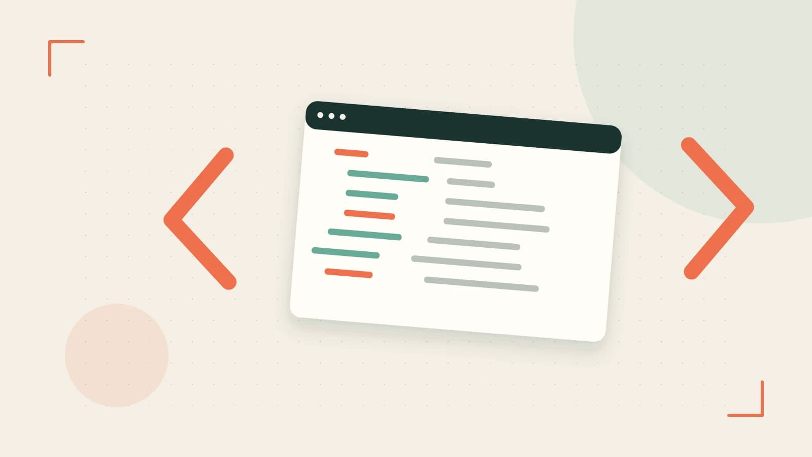 Editorial illustration of an abstract code editor, syntax blocks and oversized programming brackets