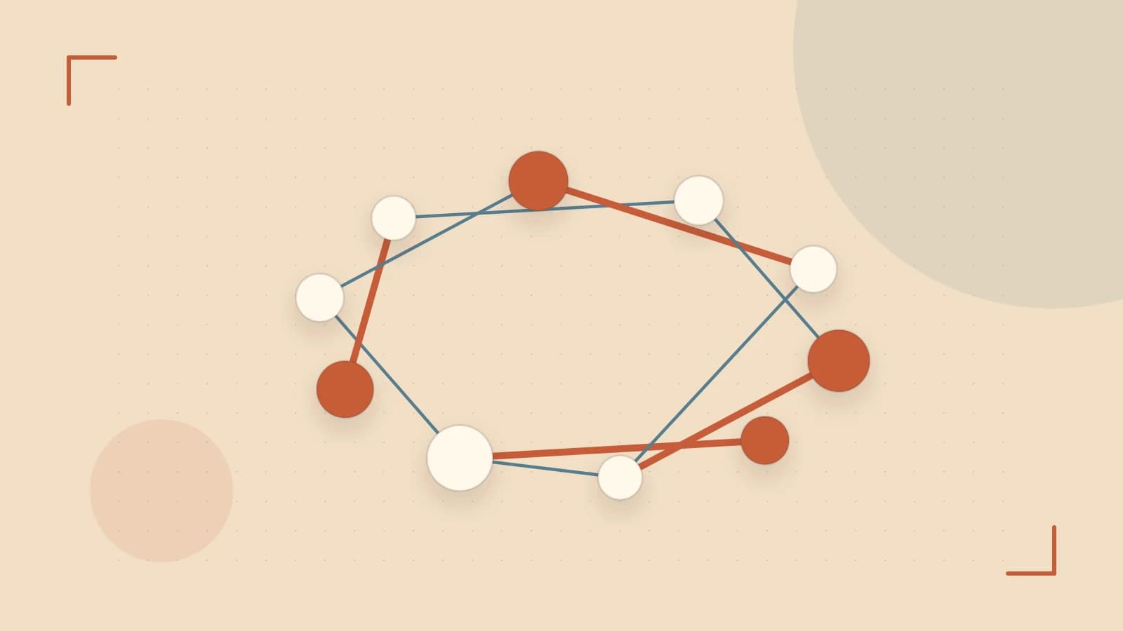 Editorial illustration of an algorithmic node graph with branching paths and a highlighted result
