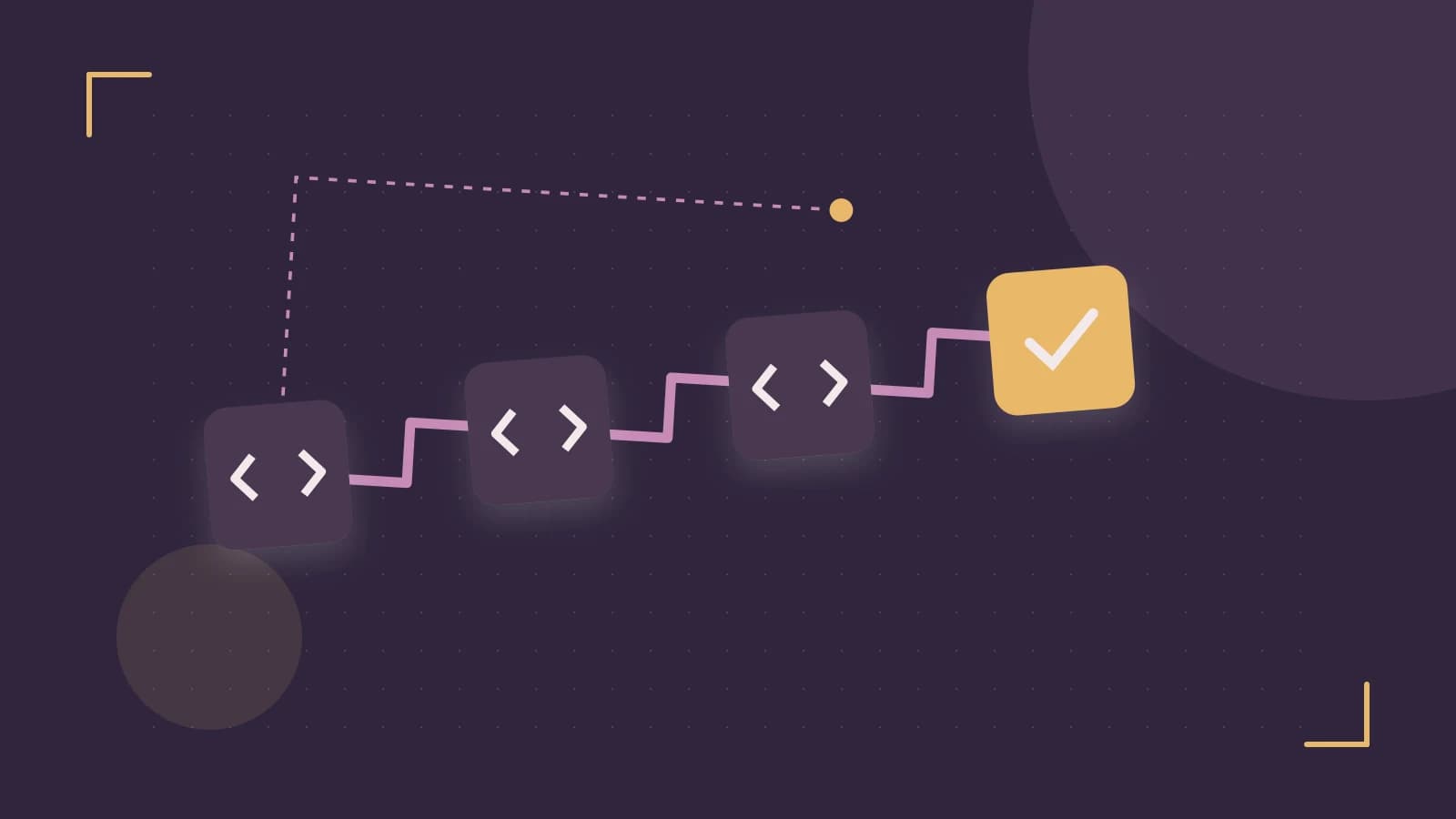 Editorial illustration of a branching build pipeline, staged transformations and a completed check
