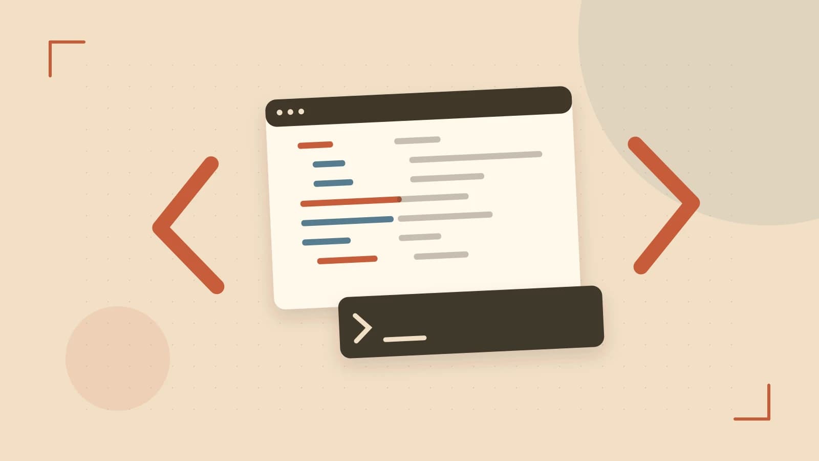 Editorial illustration of an abstract code editor, syntax blocks and oversized programming brackets