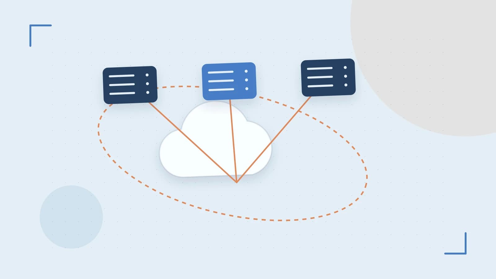 Editorial illustration of cloud infrastructure, connected server racks and an orbital service map
