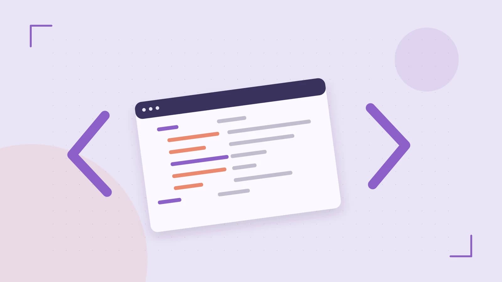 Editorial illustration of an abstract code editor, syntax blocks and oversized programming brackets