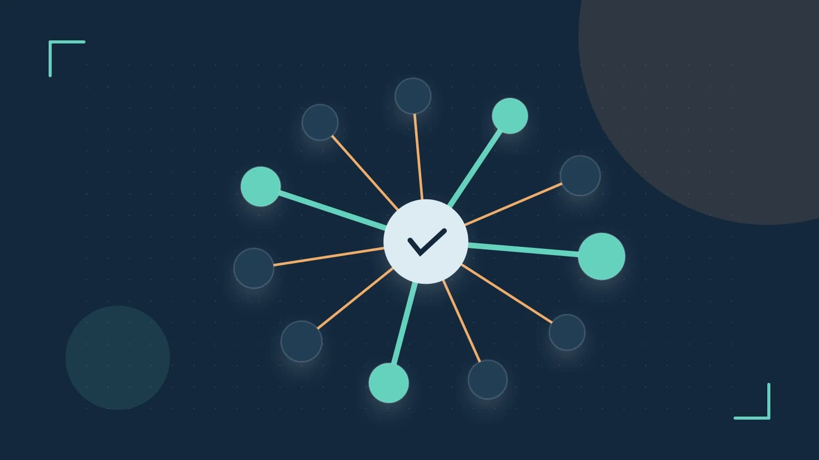 Editorial illustration of an algorithmic node graph with branching paths and a highlighted result