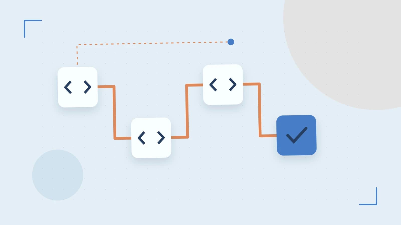 Editorial illustration of a branching build pipeline, staged transformations and a completed check