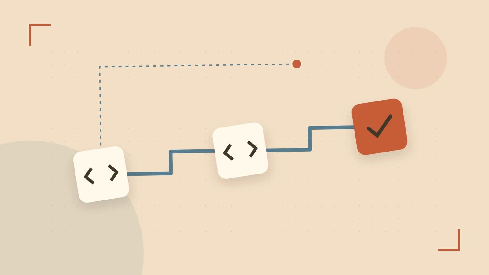 Editorial illustration of a branching build pipeline, staged transformations and a completed check