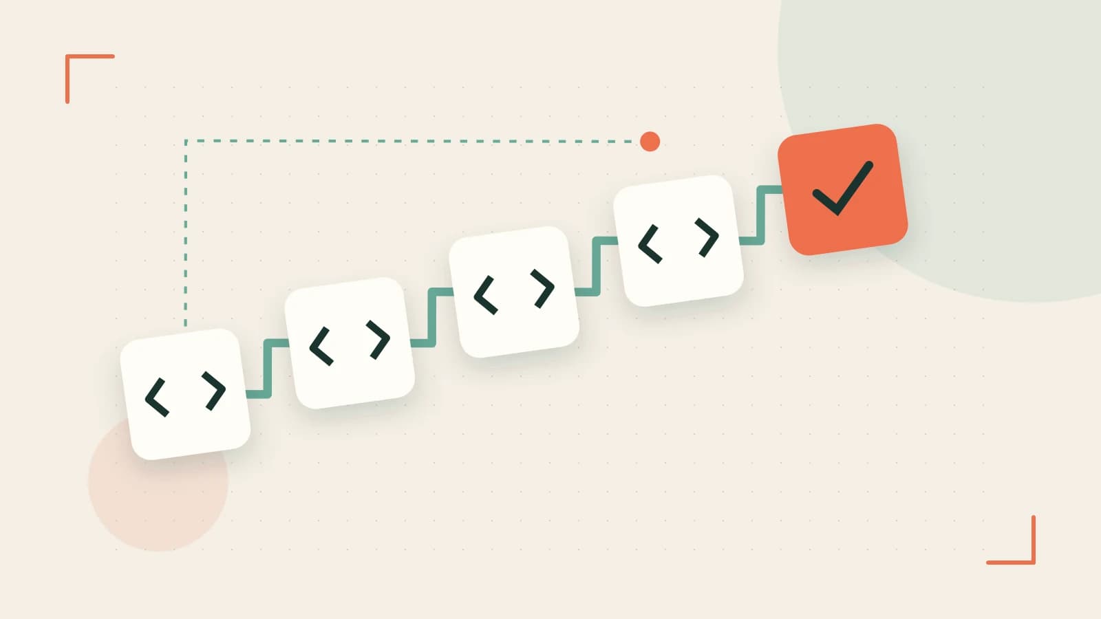 Editorial illustration of a branching build pipeline, staged transformations and a completed check