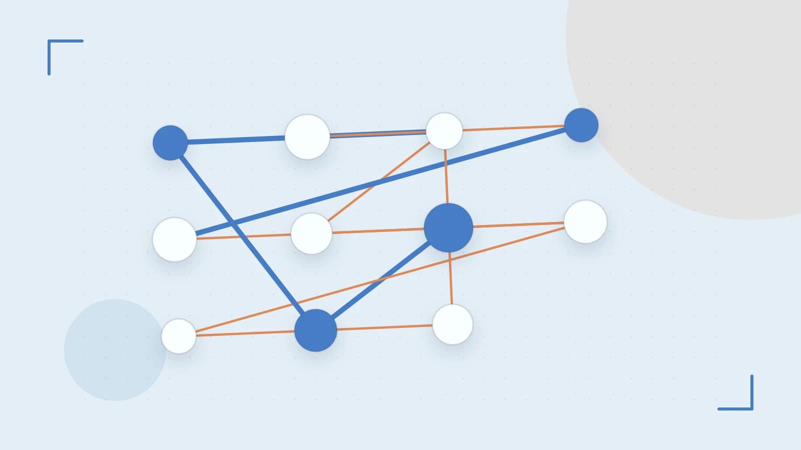 Editorial illustration of an algorithmic node graph with branching paths and a highlighted result