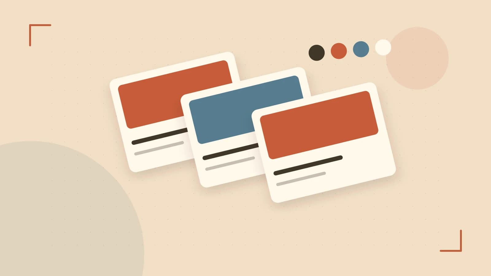 Editorial illustration of responsive browser layouts, overlapping design components and a color system