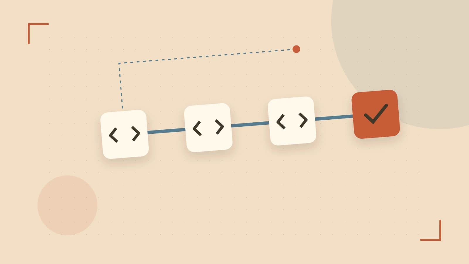Editorial illustration of a branching build pipeline, staged transformations and a completed check