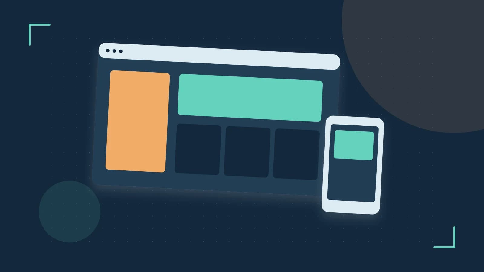 Editorial illustration of responsive browser layouts, overlapping design components and a color system