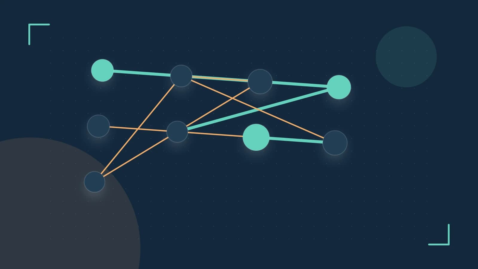 Editorial illustration of an algorithmic node graph with branching paths and a highlighted result
