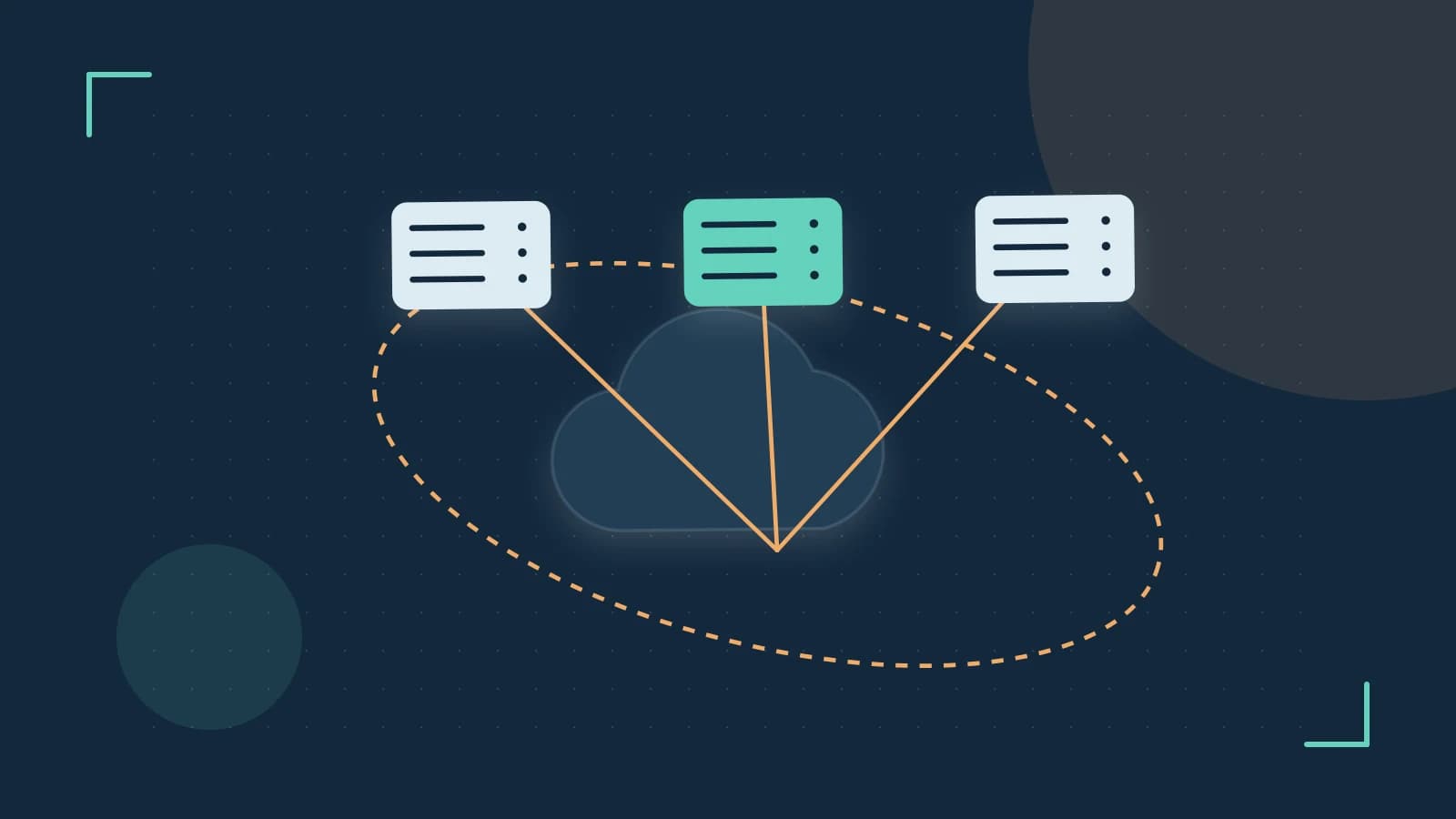 Editorial illustration of cloud infrastructure, connected server racks and an orbital service map
