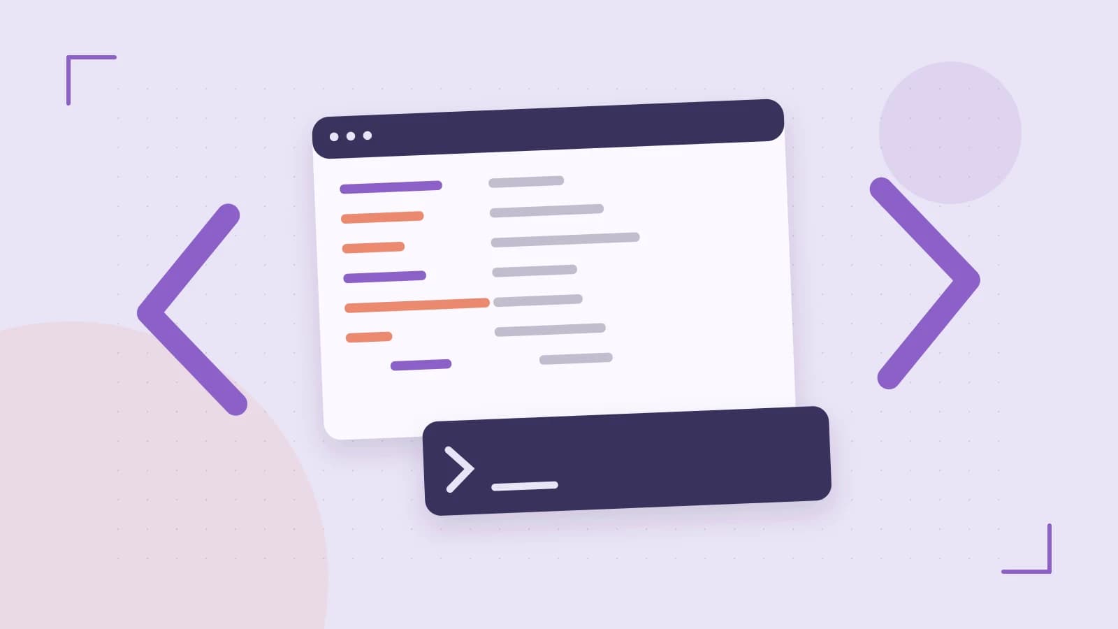 Editorial illustration of an abstract code editor, syntax blocks and oversized programming brackets