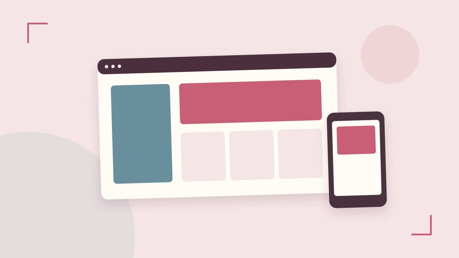 Editorial illustration of responsive browser layouts, overlapping design components and a color system