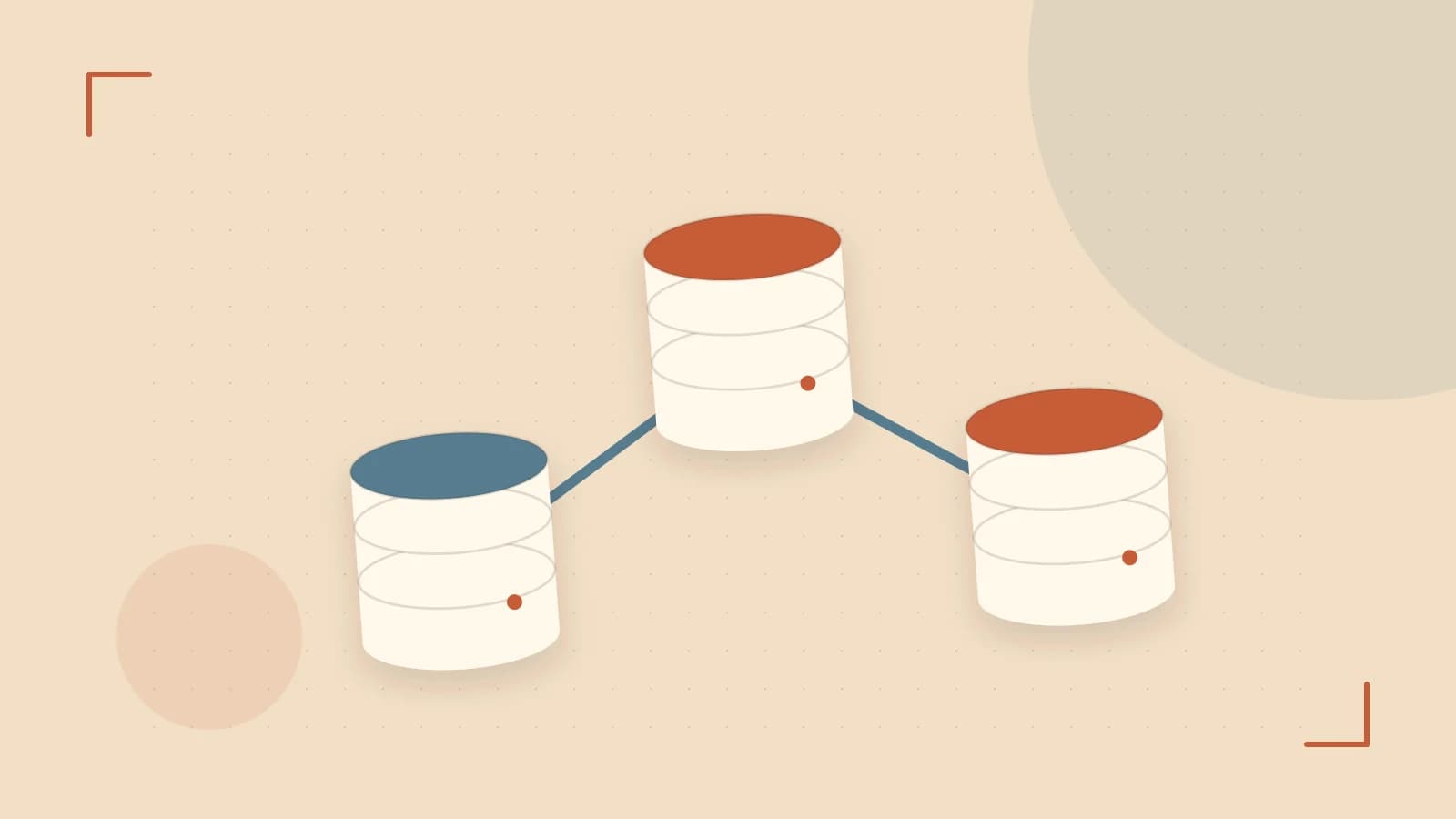 Editorial illustration of structured records, database cylinders and relationships between tables