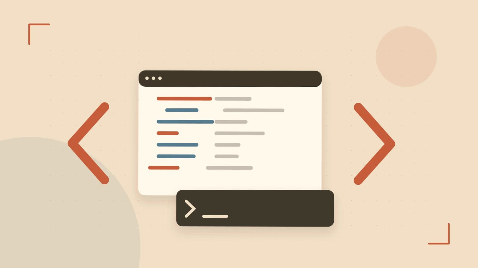 Editorial illustration of an abstract code editor, syntax blocks and oversized programming brackets