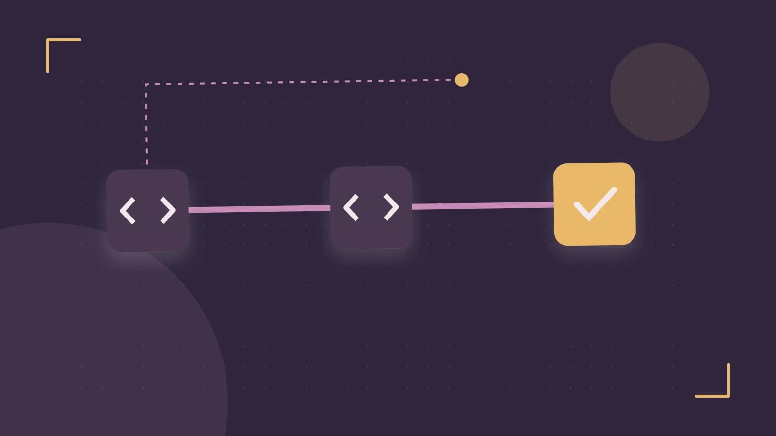 Editorial illustration of a branching build pipeline, staged transformations and a completed check