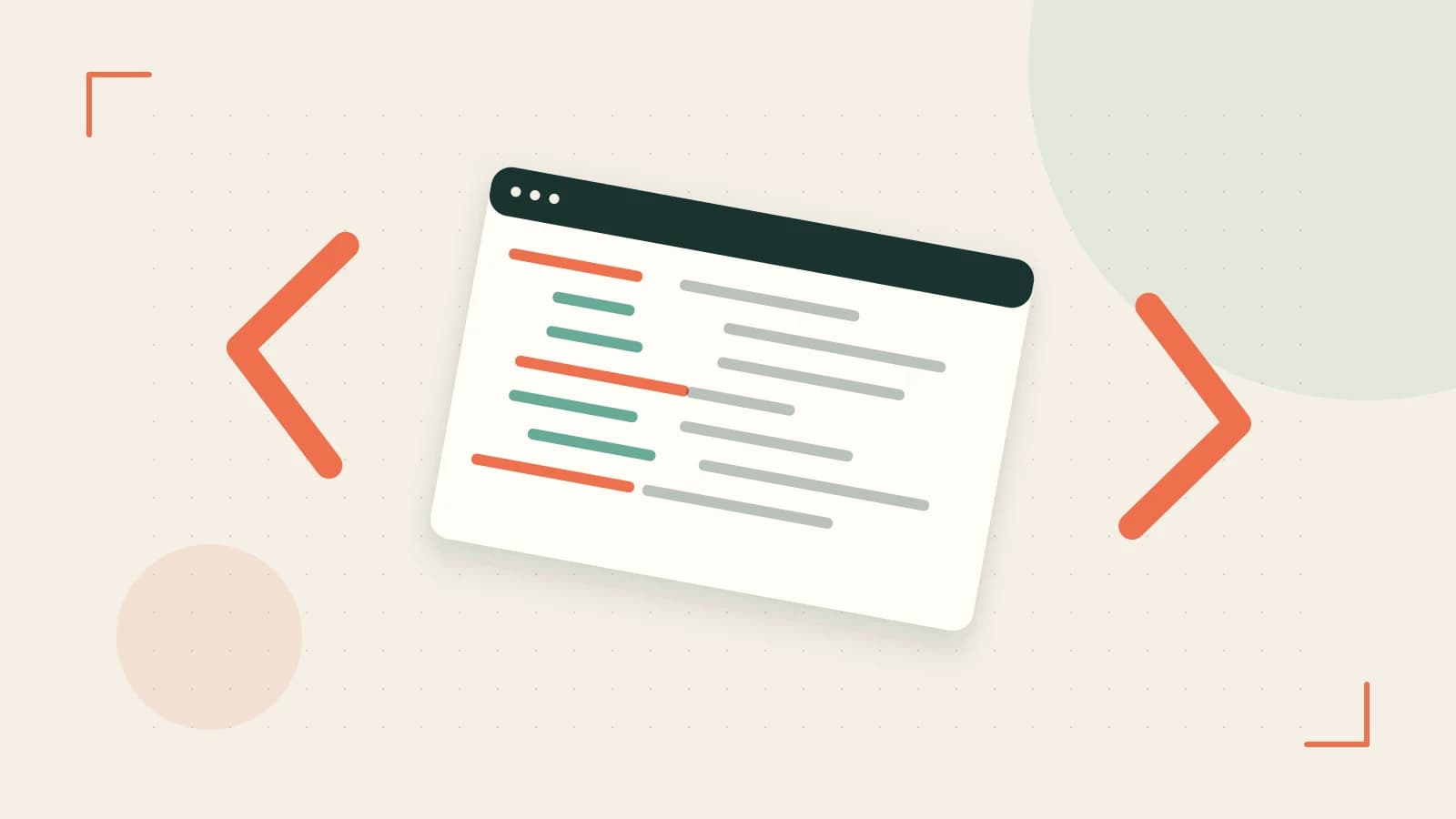 Editorial illustration of an abstract code editor, syntax blocks and oversized programming brackets