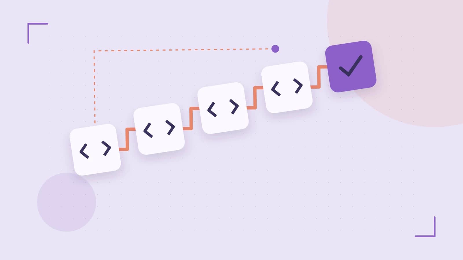 Editorial illustration of a branching build pipeline, staged transformations and a completed check