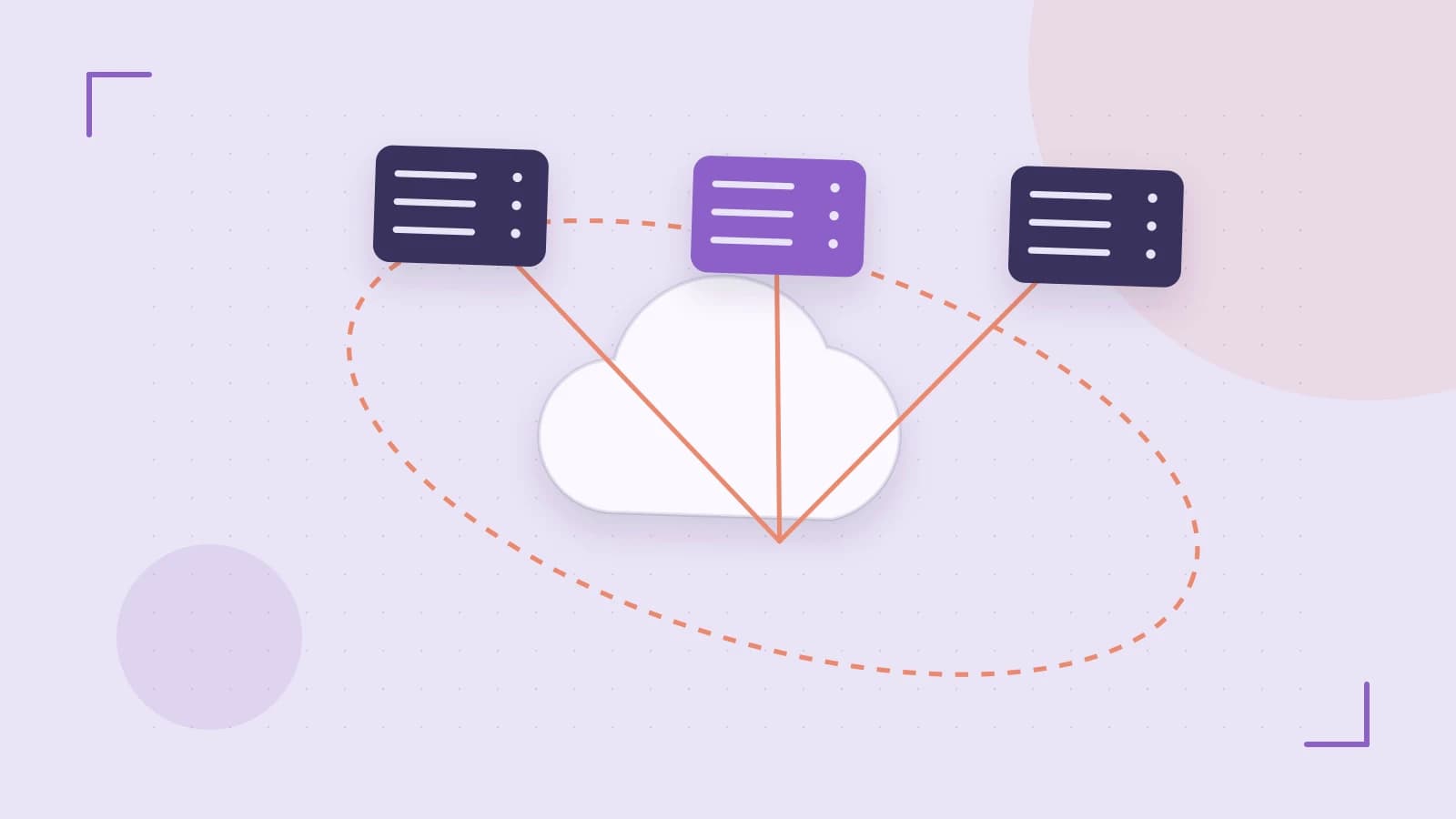 Editorial illustration of cloud infrastructure, connected server racks and an orbital service map