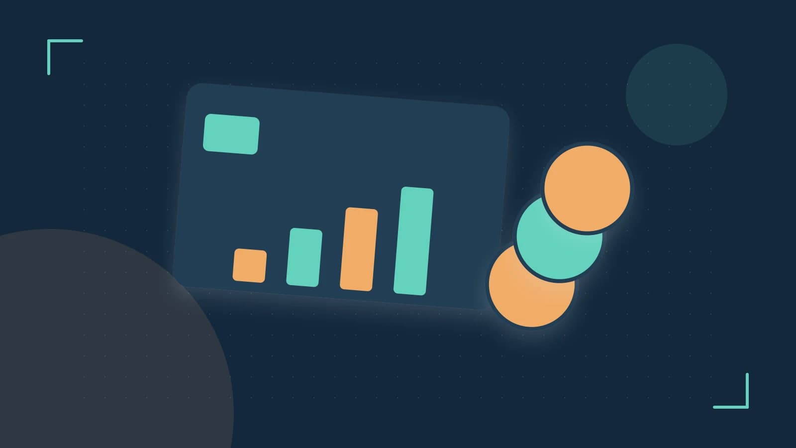 Editorial illustration of abstract coins, a payment card and a geometric financial chart without data labels