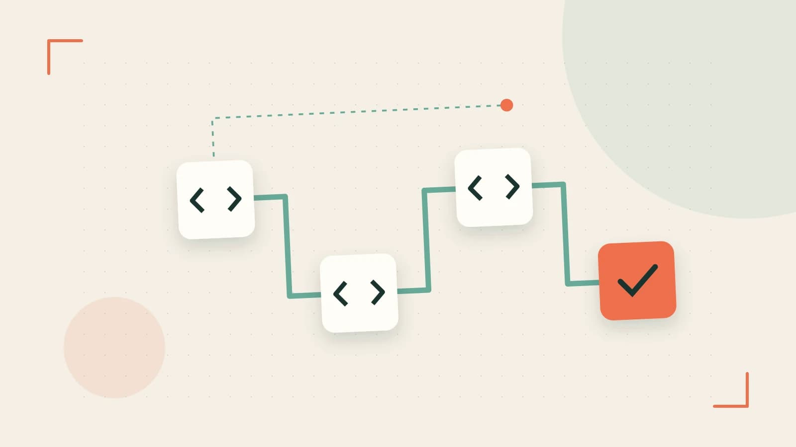 Editorial illustration of a branching build pipeline, staged transformations and a completed check