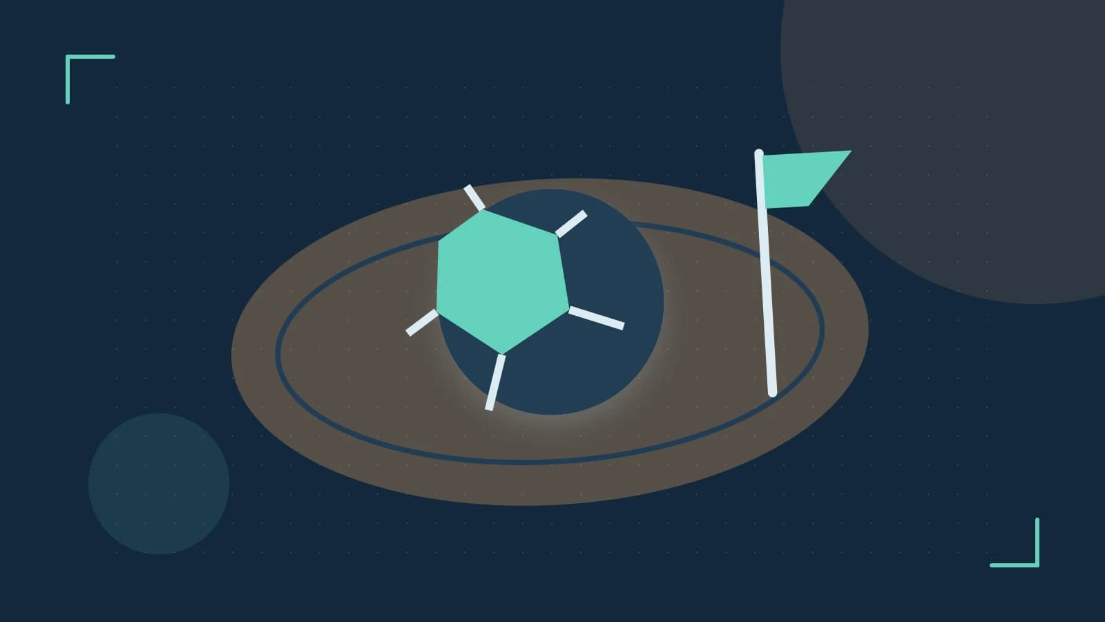 Editorial illustration of a stylized sports ball, stadium geometry and dynamic arcs