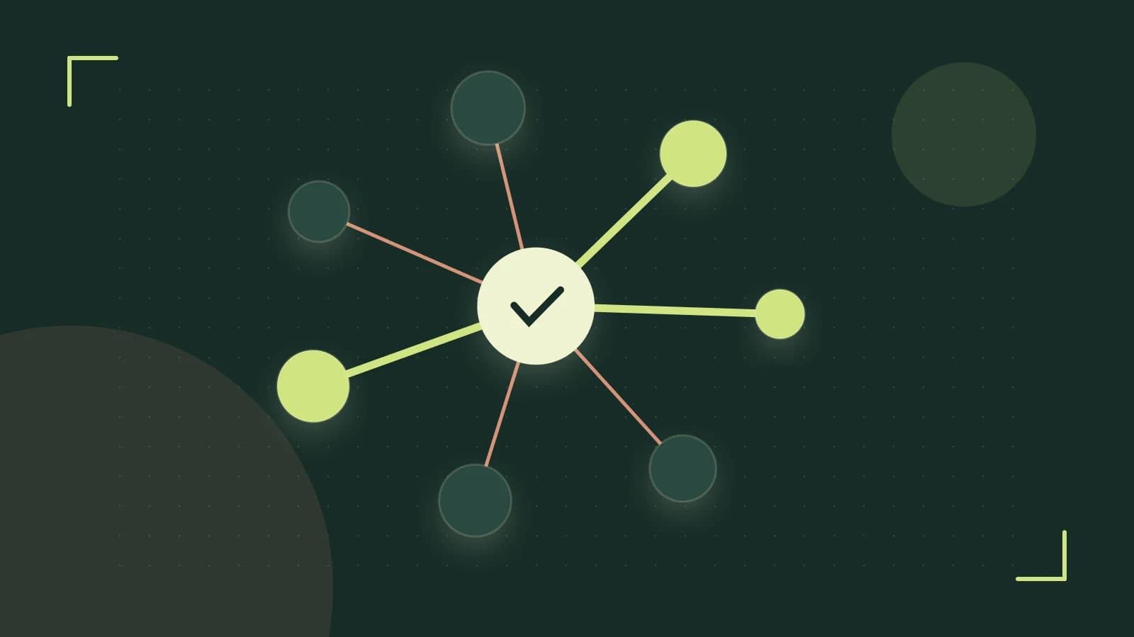 Editorial illustration of an algorithmic node graph with branching paths and a highlighted result